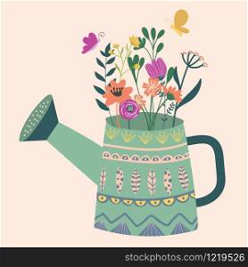 Vector illustration with a beautiful bouquet in the watering can and butterfly. Vintage gardening. Vector design.