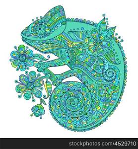 Vector illustration with a chameleon and beautiful patterns in blue green shades. Vector illustration with a chameleon and beautiful patterns in blue and green shades.