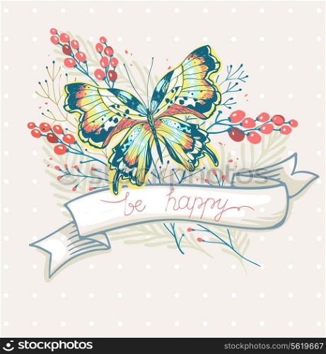 vector illustration with a colored butterfly and red berries
