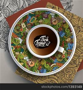 Vector illustration with a Cup and hand drawn Tea doodles on a saucer and background. Vector illustration with a Cup and hand drawn Tea doodles