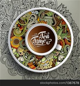 Vector illustration with a Cup of coffee and hand drawn Cafe doodles on a saucer, on paper and on the background. Cup of coffee and Cafe doodles