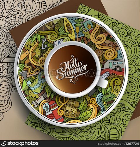Vector illustration with a Cup of coffee and hand drawn camp doodles on a saucer, paper and background. Vector Cup of coffee camp doodle