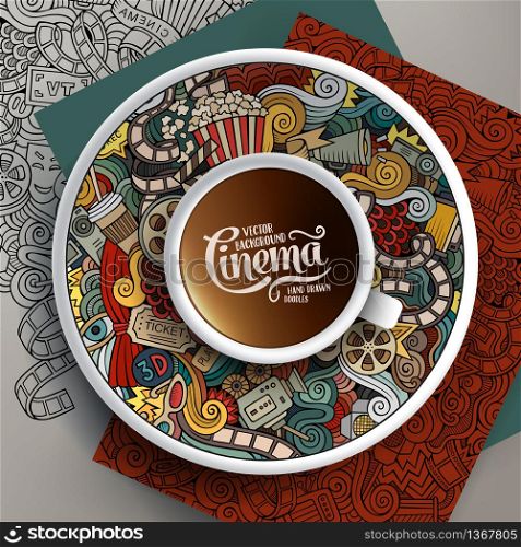 Vector illustration with a Cup of coffee and hand drawn cinema doodles on a saucer, on paper and on the background. Vector illustration with a Cup of coffee cinema doodles