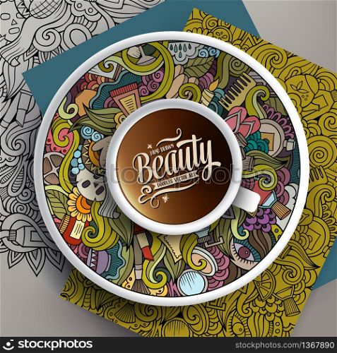 Vector illustration with a Cup of coffee and hand drawn cosmetic doodles on a saucer, paper and background. Cup of coffee and hand drawn cosmetics doodles