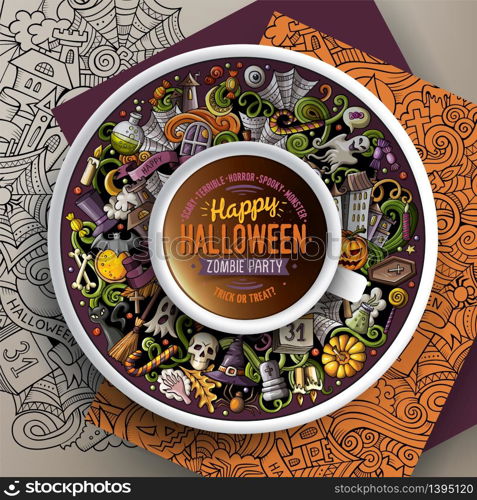 Vector illustration with a Cup of coffee and hand drawn Halloween doodles on a saucer, on paper and on the background. Cup of coffee and Halloween doodles