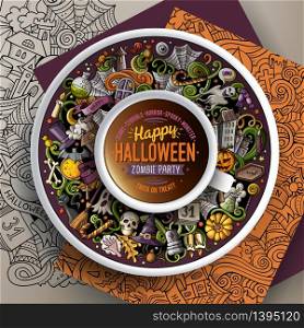 Vector illustration with a Cup of coffee and hand drawn Halloween doodles on a saucer, on paper and on the background. Cup of coffee and Halloween doodles