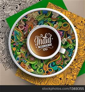 Vector illustration with a cup of coffee and hand drawn India doodles on a saucer, on paper and on the background. Vector up of coffee and India doodles on a saucer, paper and background