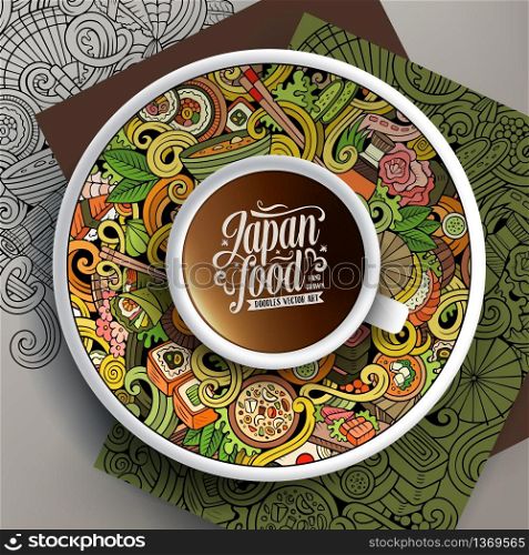 Vector illustration with a Cup of coffee and hand drawn Japan food doodles on a saucer, on paper and on the background. Cup of coffee and Japan food doodles