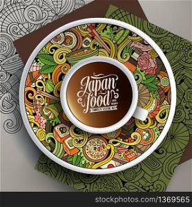 Vector illustration with a Cup of coffee and hand drawn Japan food doodles on a saucer, on paper and on the background. Cup of coffee and Japan food doodles