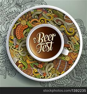 Vector illustration with a Cup of coffee and hand drawn Octoberfest doodles on a saucer and on the background. Cup of coffee Octoberfest doodles on a saucer, paper and background
