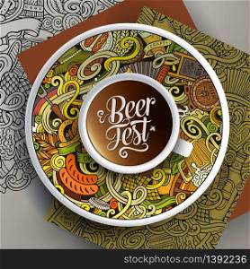 Vector illustration with a Cup of coffee and hand drawn Octoberfest doodles on a saucer, on paper and on the background. Cup of coffee Octoberfest doodles on a saucer, paper and background