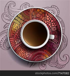 Vector illustration with a Cup of coffee and hand drawn ornament on a saucer and background. Cup of coffee and hand drawn ornament
