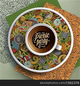Vector illustration with a Cup of coffee and hand drawn picnic doodles on a saucer, paper and background. Cup of coffee and hand drawn picnic doodles