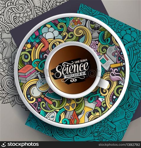 Vector illustration with a Cup of coffee and hand drawn picnic doodles on a saucer, paper and background. Cup of coffee and hand drawn picnic doodles