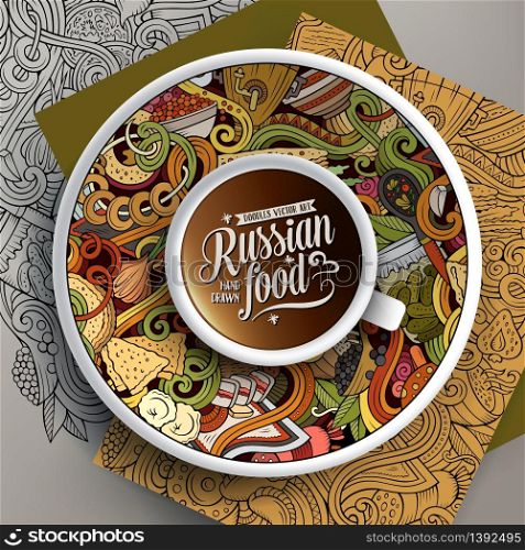 Vector illustration with a Cup of coffee and hand drawn Russian food doodles on a saucer, paper and background. Cup of coffee and Russian food doodles on a saucer, paper and background