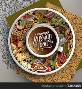 Vector illustration with a Cup of coffee and hand drawn Russian food doodles on a saucer, paper and background. Cup of coffee and Russian food doodles on a saucer, paper and background