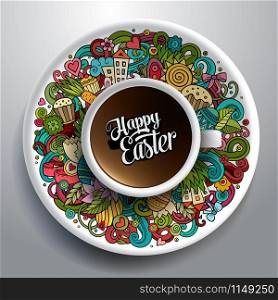 Vector illustration with a Cup of coffee with hand drawn Easter doodles on a saucer . Vector Easter doodles illustration with a Cup of coffee