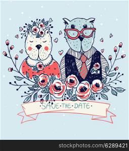 vector illustration with a cute couple of funny cats for wedding design