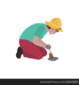 Vector illustration with a male archaeologist who sweeps the earth with a brush with a rare find. Search for dinosaur tracks, historical events, excavations in hot countries