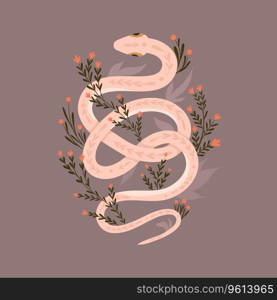 Vector illustration with a pink snake with floral decorations and stems with foliage in pastel colors. Flat postcard with tangled decorative serpent with flowers and foliages.. Vector illustration with a pink snake with floral decorations and stems with foliage in pastel colors. Flat postcard