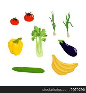 Vector illustration with a set of vegetables and fruits on a white background. Set of eggplant, tomato, pepper and onion, cucumber, banana and celery. Farm products