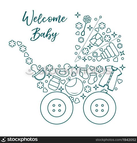 Vector illustration with baby stroller, goods for babies. Newborn baby background. Baby nipple, socks, diaper, bodysuit, duck, bib, baby food jar, pyramid, rattle.