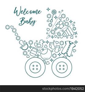 Vector illustration with baby stroller, goods for babies. Newborn baby background. Baby nipple, socks, diaper, bodysuit, duck, bib, baby food jar, pyramid, rattle.