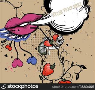 vector illustration with bright lips and berries in a vintage style