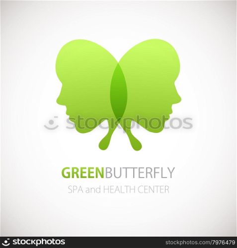 Vector illustration with Butterfly symbol. Two womans faces in a shape of butterfly wings. Logo design. For beauty salon, spa center, health clinic