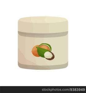 Vector illustration with can of shea butter, shea or vitellaria. Natural organic ingredient body oil, for cosmetic creams. Package or brochure design, label.