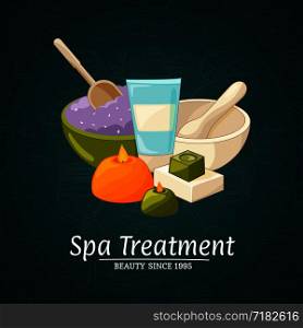 Vector illustration with cartoon beauty and spa elements and place for text on gradient background. Vector illustration with cartoon beauty and spa elements