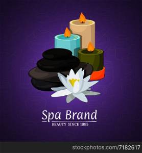 Vector illustration with cartoon beauty and spa elements and place for text on gradient background. Flower and stone, flora and candle. Vector illustration with cartoon beauty and spa elements and place for text on gradient background