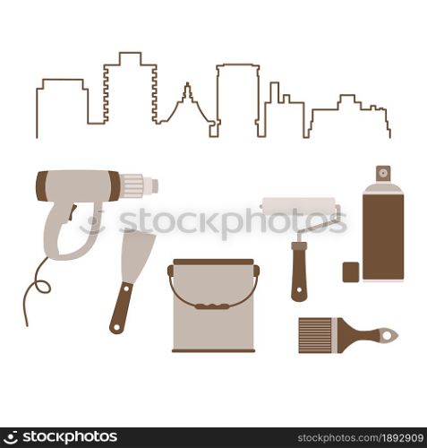 Vector illustration with cityscape and tools for the preparation, staining of surfaces. Building, construction and home repair tools. Painting and repair of premises.
