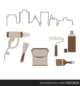 Vector illustration with cityscape and tools for the preparation, staining of surfaces. Building, construction and home repair tools. Painting and repair of premises.