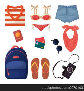 Vector illustration with collection of things in a backpack for a vacation in cartoon style. Women’s clothing and bathing suit, glasses and a camera, shoes, travel documents credit cards and passport