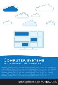 Vector illustration with computer and clouds made from blue lines and plce for text