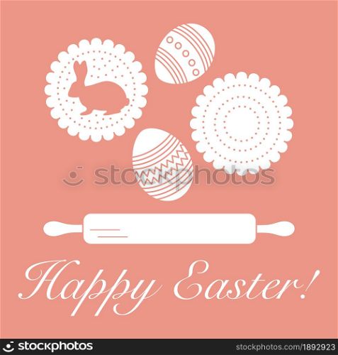 Vector illustration with cookies, rabbit-shaped glaze and without, decorated eggs, rolling pin. Happy Easter. Festive background. Design for banner, poster or print.
