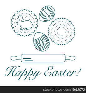 Vector illustration with cookies, rabbit-shaped glaze and without, decorated eggs, rolling pin. Happy Easter. Festive background. Design for banner, poster or print.