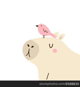 Vector illustration with cute capybara and pink bird sitting on the head. Graphic design for prints, apparel, greeting card. Vector illustration with cute capybara and pink bird sitting on the head