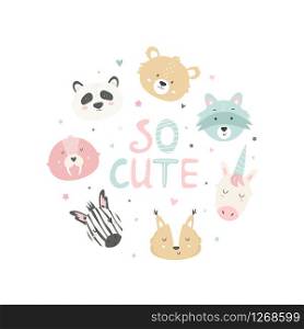 Vector illustration with cute funny animal heads. Print design, textile, t-shirt, invitations. Vector illustration with cute funny animal heads
