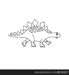 Vector illustration with cute funny cartoon dinosaur drawn outline. Hand drawn doodle for kids coloring book or design. Dino rides roller