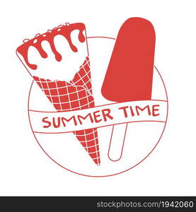 Vector illustration with delicious ice cream cone and ice lolly. Inscription summer time.