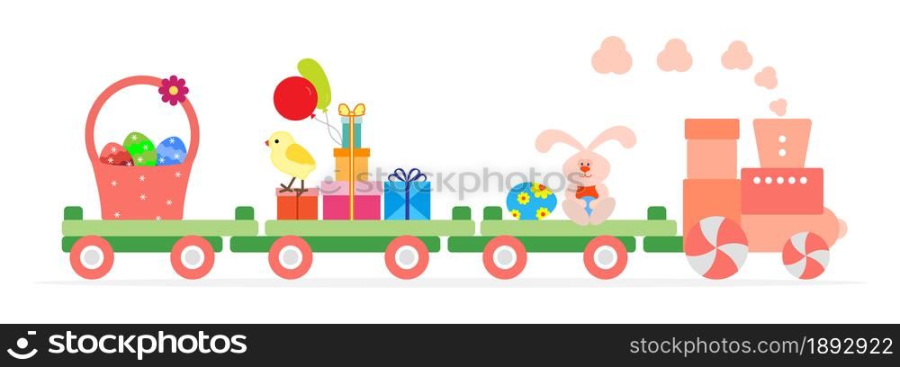 Vector illustration with Easter train carries eggs, basket, chicken, gifts, balloons, easter bunny. Happy Easter. Festive background.