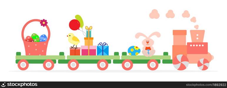 Vector illustration with Easter train carries eggs, basket, chicken, gifts, balloons, easter bunny. Happy Easter. Festive background.