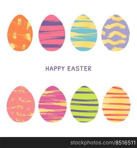 Vector illustration with eggs collection for happy easter greeting card. Set easter art on 8 eggs. Grunge brushes painted eggs in bright colors