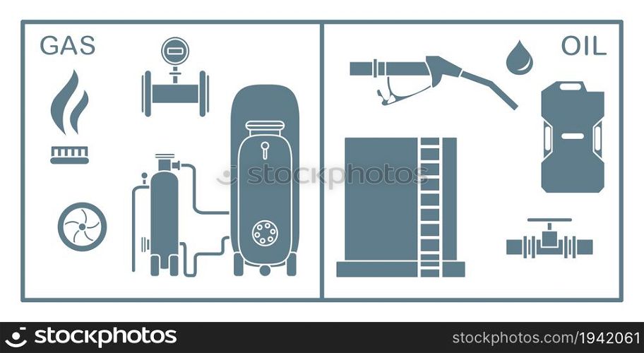 Vector illustration with equipment for oil and gas production. Oil industry, gas industry. Extraction, storage, using oil and gas.