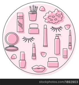 Vector illustration with eyelashes, lips, lipstick, mirror, brush, cream, nail polish, spray, shower sponge. Decorative cosmetics, care products, makeup background. Glamour fashion vogue style.