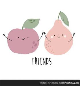 Vector illustration with funny characters apple and pear. Fruit poster design. Vector illustration with funny characters apple and pear