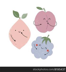 Vector illustration with funny characters lemon, plum and blackberry. Fruit poster design. Vector illustration with funny characters lemon, plum and blackberry