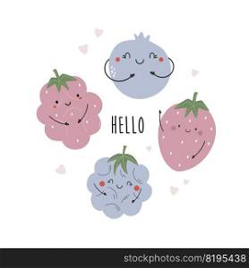 Vector illustration with funny characters strawberry, blueberry, raspberry, blackberry. Berries poster design. Vector illustration with funny characters strawberry, blueberry, raspberry, blackberry.